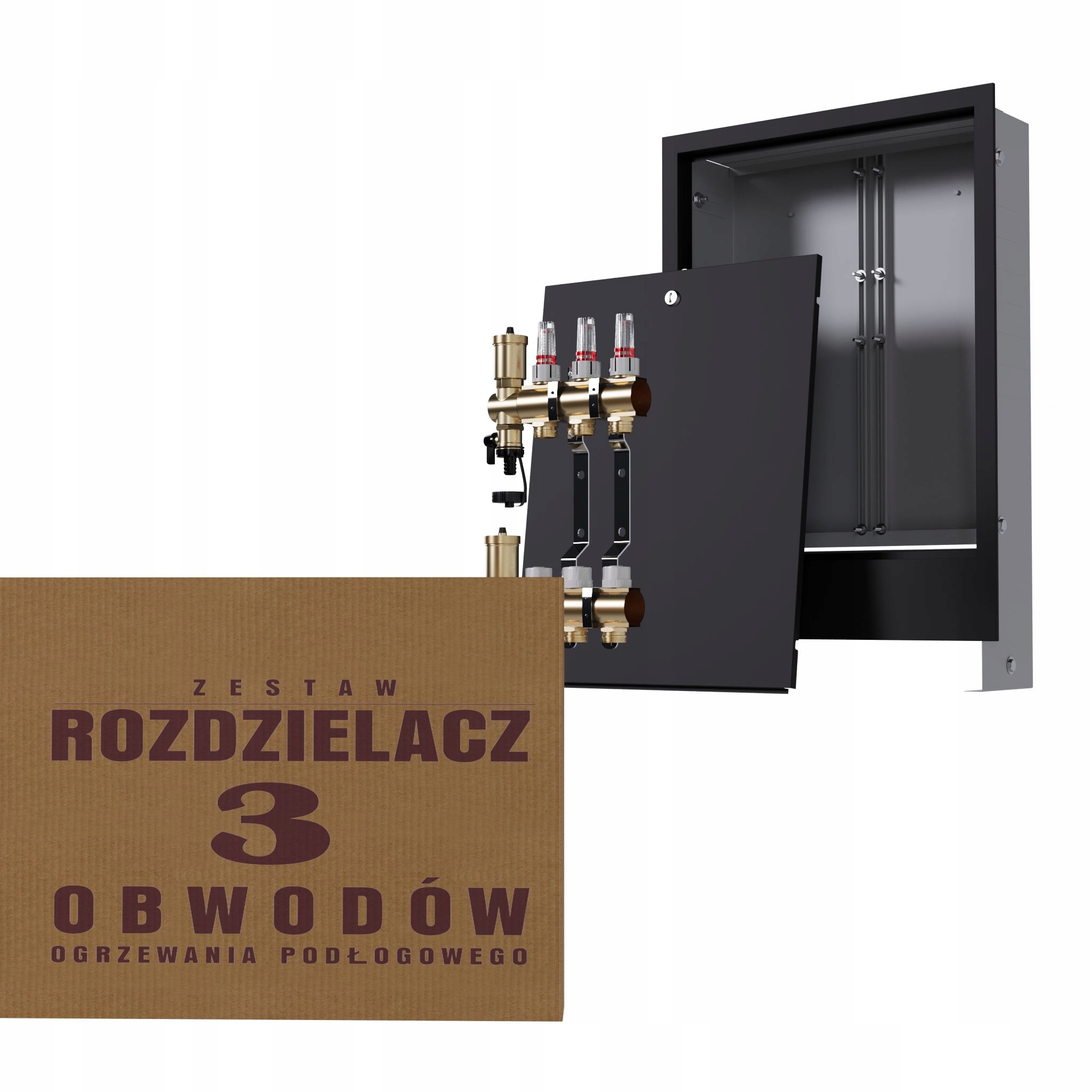 Rozdělovač pro 3-okruhovou mosaznou podlahu a podomítkový box, černý