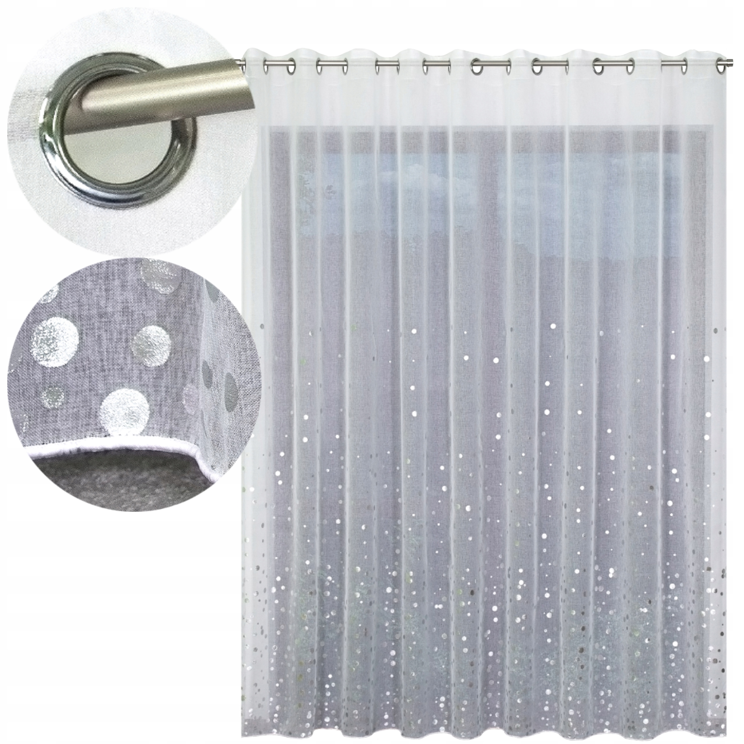 Hotová záclona z gázy, stříbrné ombré puntíky, olověné oka , 300×220 cm