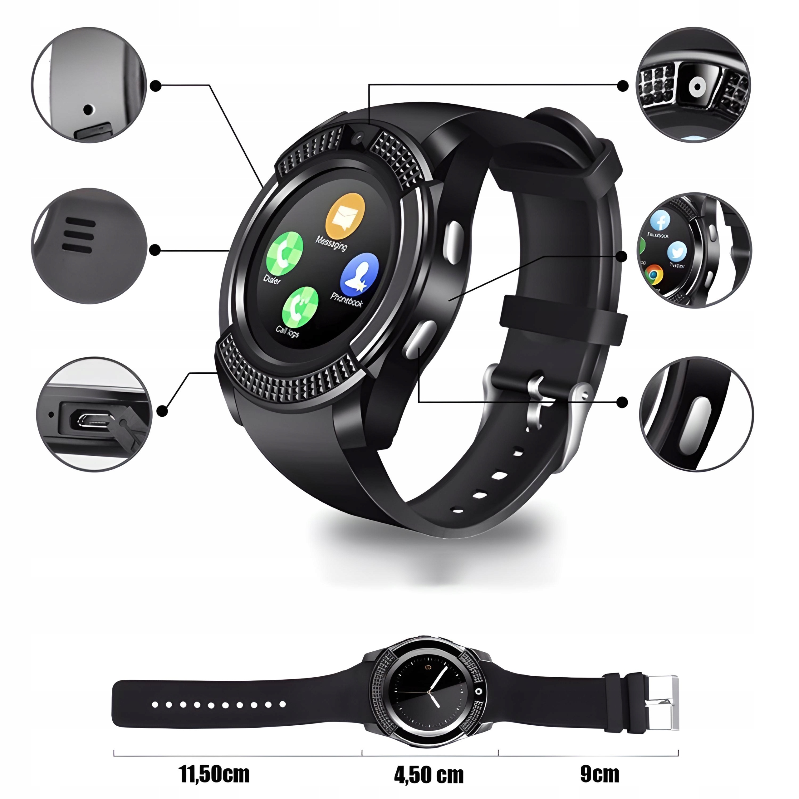 SMARTWATCH V8 ZEGAREK SMART WATCH PL KARTA SIM SD Materiał paska guma