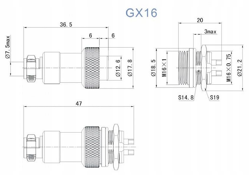 Gniazdo + wtyk na panel, C091 (GX16), 2 pin Symbol ZŁ C091/02