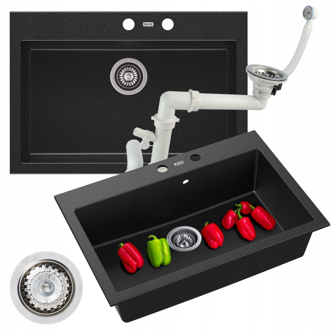 Jednokomorový Granitový Dřez, černý, Velký, bez odkapávače, se sifonem