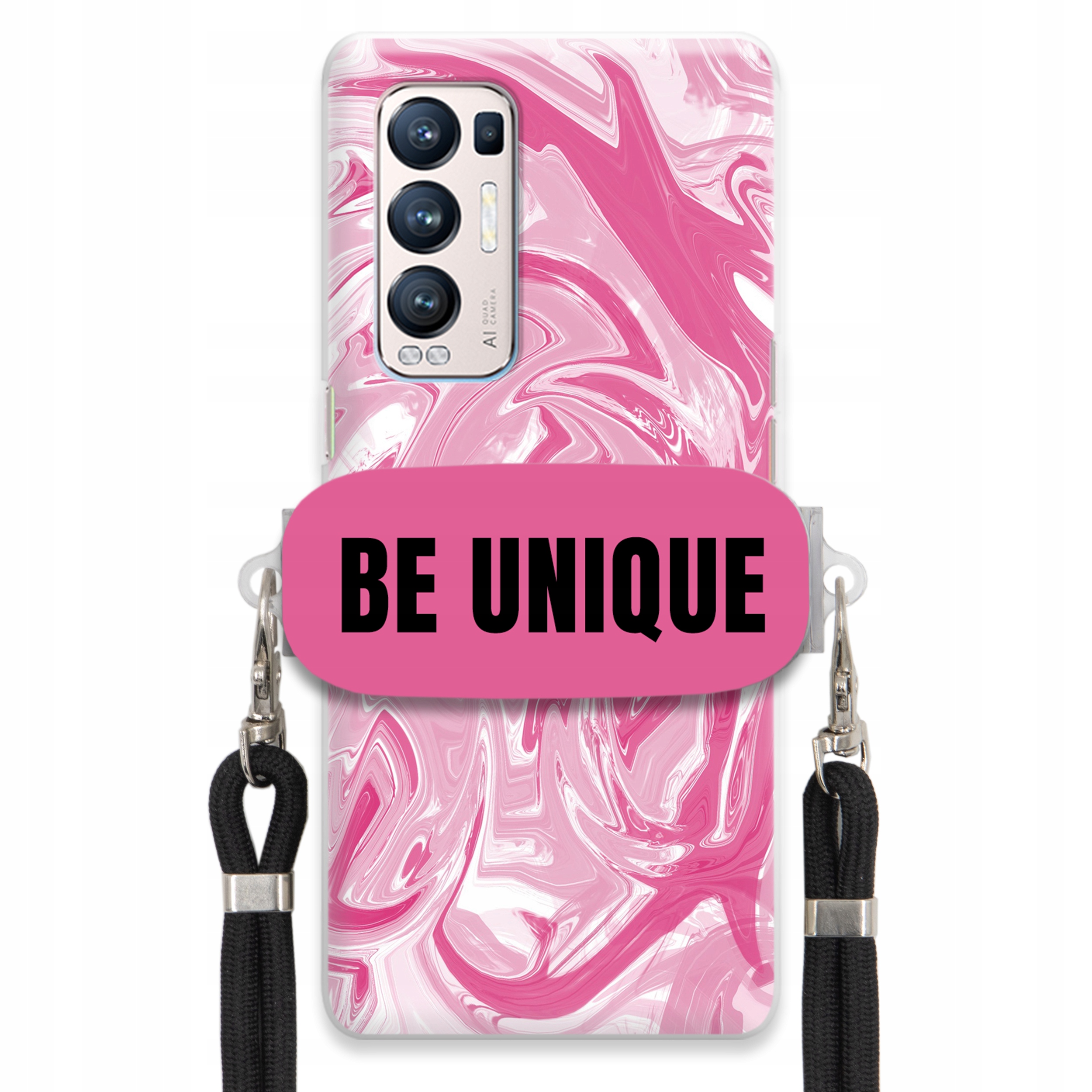 Puzdro pre Oppo Reno 5 Pro Plus 5G Case držiak na šnúrku Čierna Ružová Mramor