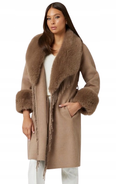 Marciano Guess Vlněný Kabát S Kožešinou A Třásněmi Béžový 46 1 Gmh