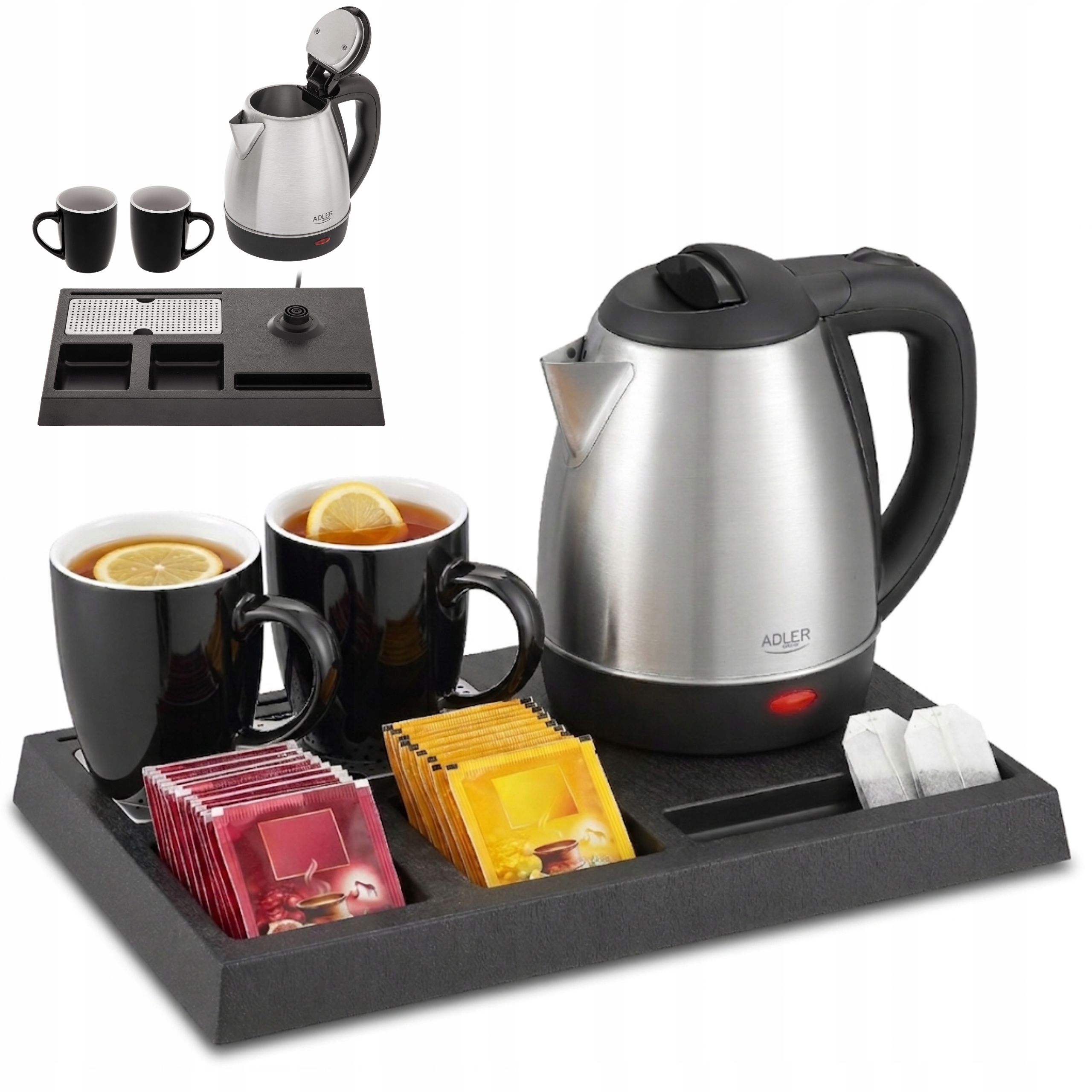 Mały Czajnik Elektryczny 1,2L 1500W Bezprzewodowy Hotelowy taca 2 kubki