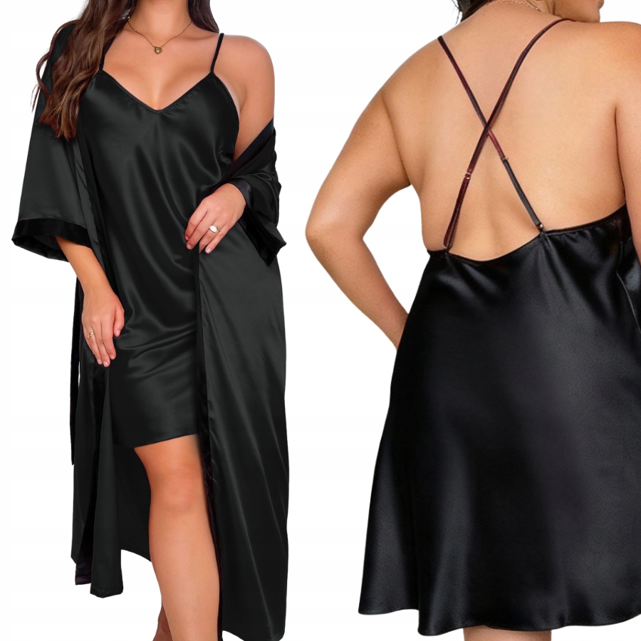 Černá Elegantní saténová Noční Košile Župan plus size 3XL Jako Dárek