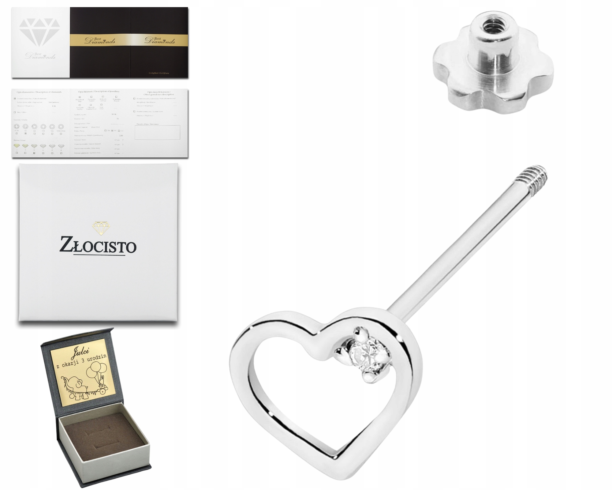 Bílé Zlato Náušnice Srdce Šroubovací Tyčinka Diamant Briliant 585