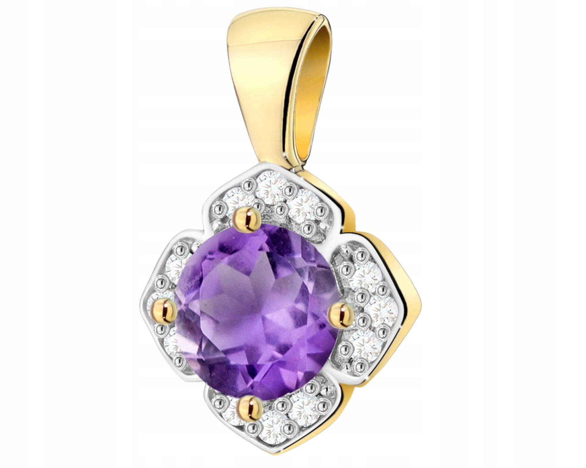 Zlatý Přívěsek Přírodní Kámen Ametyst Diamanty Brilianty 14K Dárek