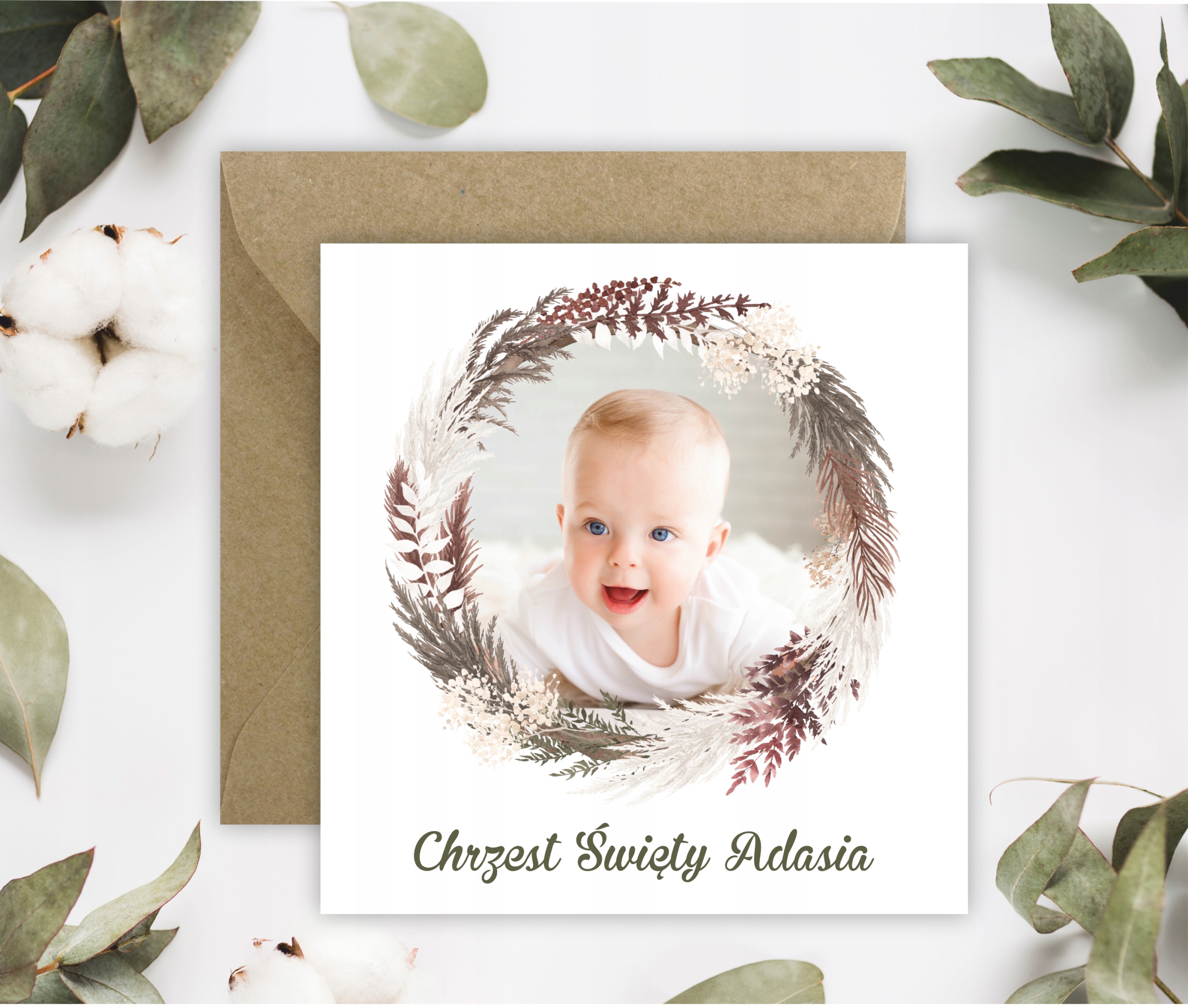 ZAPROSZENIA NA CHRZEST - ZE ZDJĘCIEM - BOHO - IMIĘ Wysokość produktu 14 cm