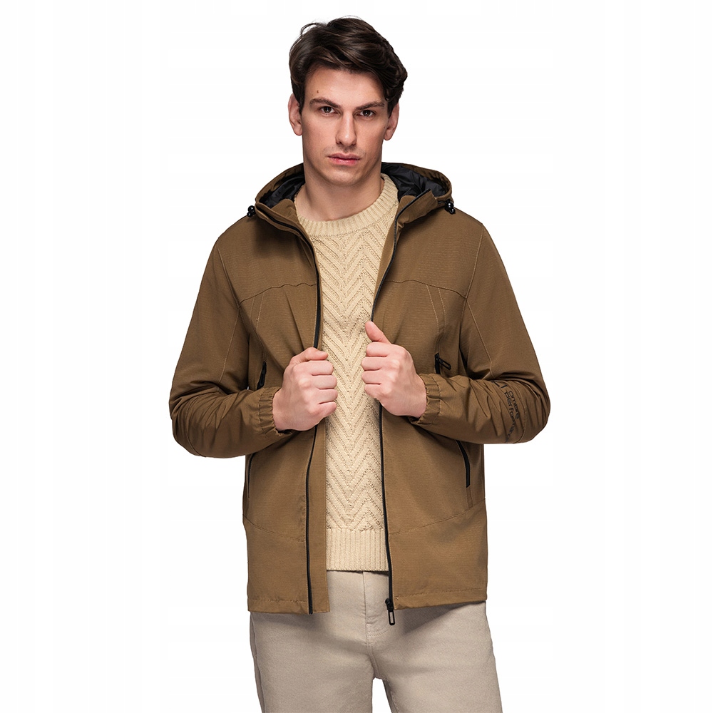 Lekka kurtka męska z wodoodporną powłoką i kapturem brązowa V2 C638 r XXL