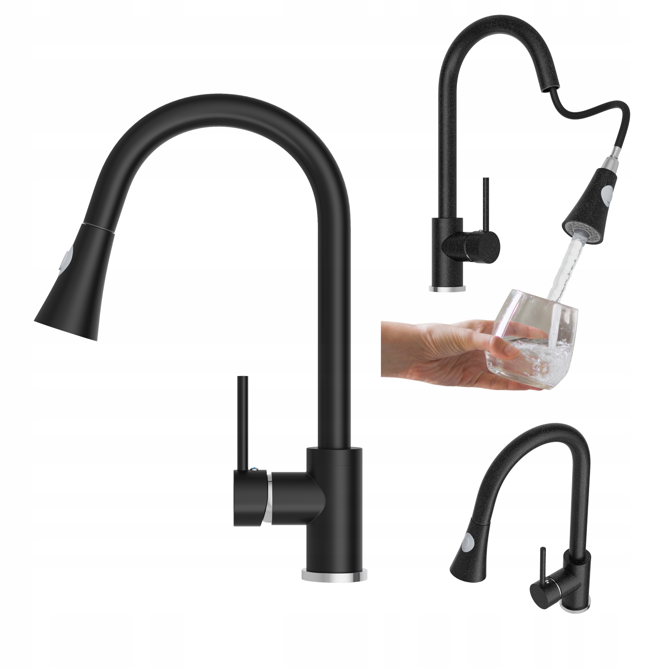 Kuchynská batéria s Vyťahovacím výtokom Kuchynský stojan Snake, čierna