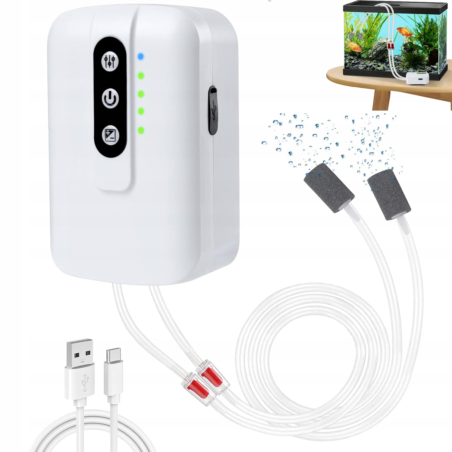 Levně Dobíjecí kyslíkové čerpadlo do akvária, dvojitý výstup vzduchu, provzdušňovač ryb 2W