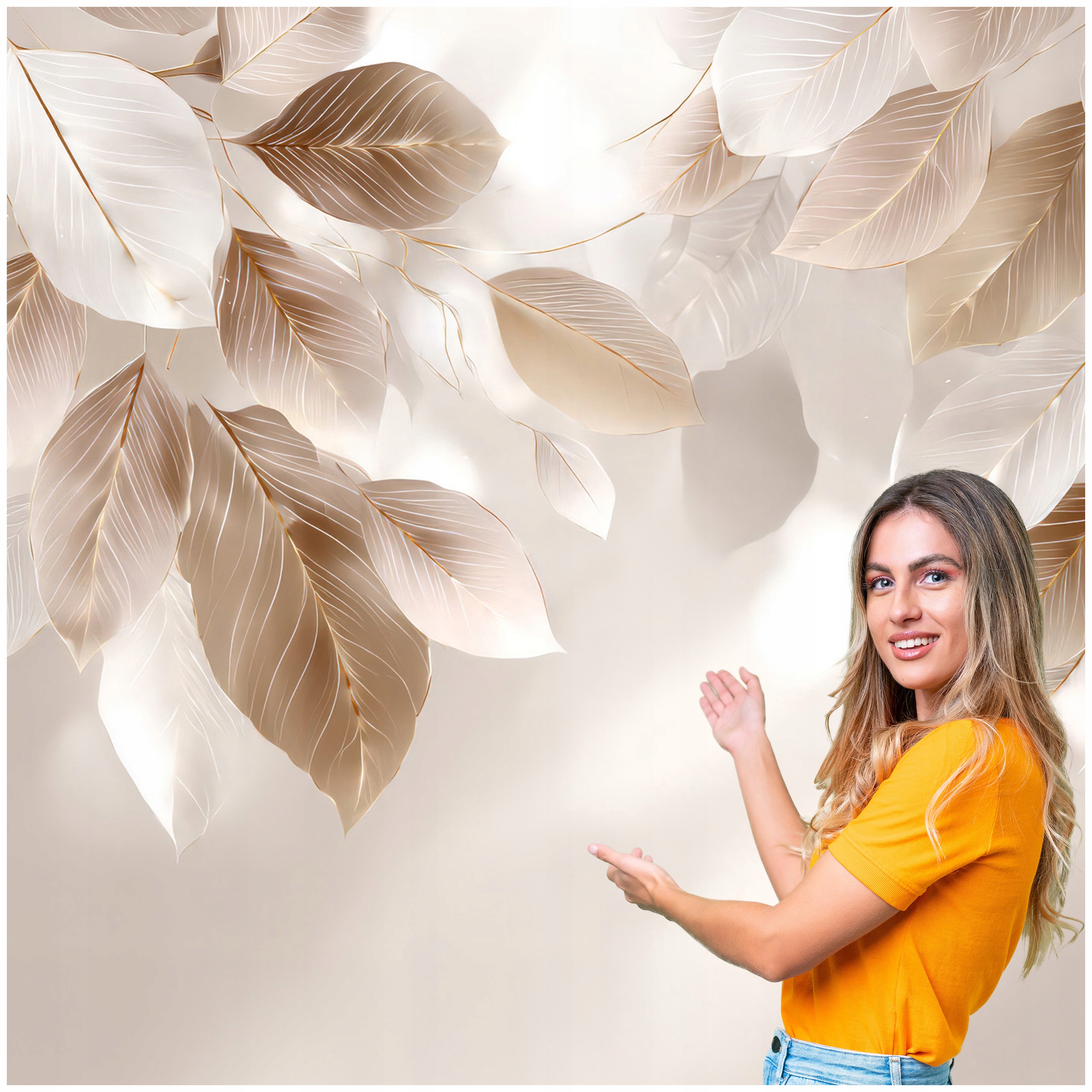 Fototapeta Obývací Pokoj Ložnice Listy Abstrakce Zlato Béžová 490x280 LAZB07F