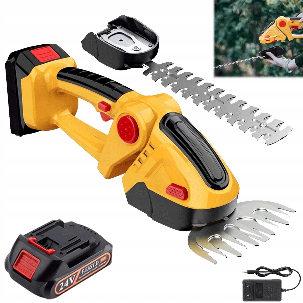 Nůžky na keře s dvojitým spínačem a regulací úhlu 500 W žluté