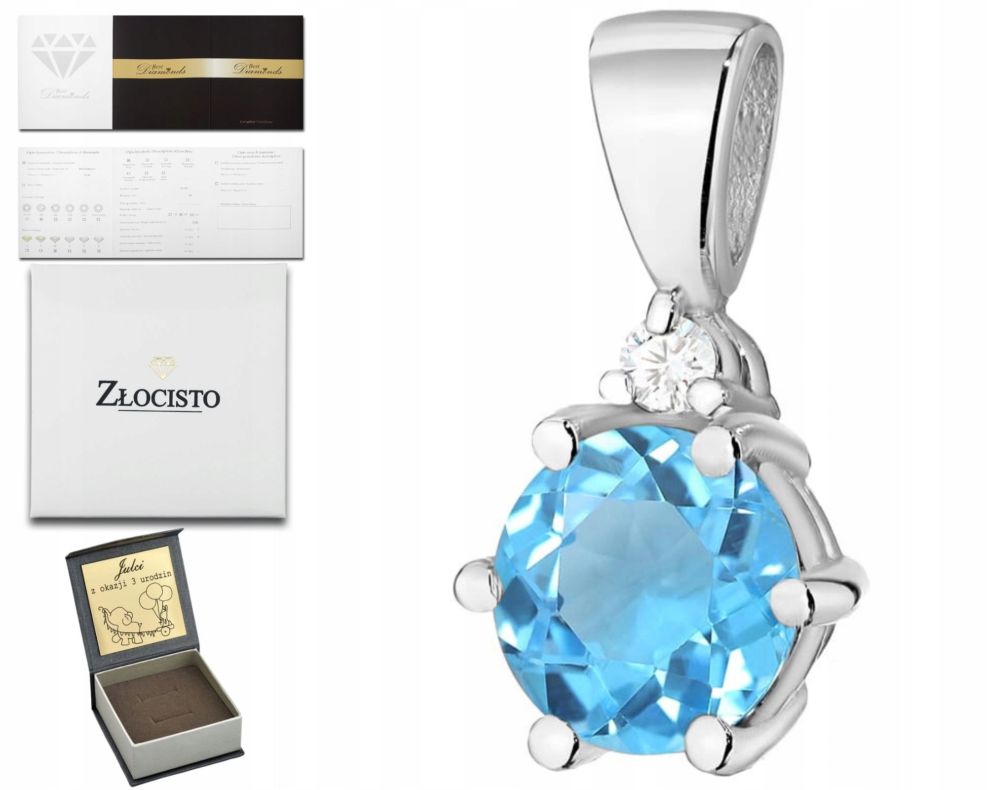 Bílé Zlato Přívěsek Briliant A Přírodní Kámen Modrý Topaz Dárek