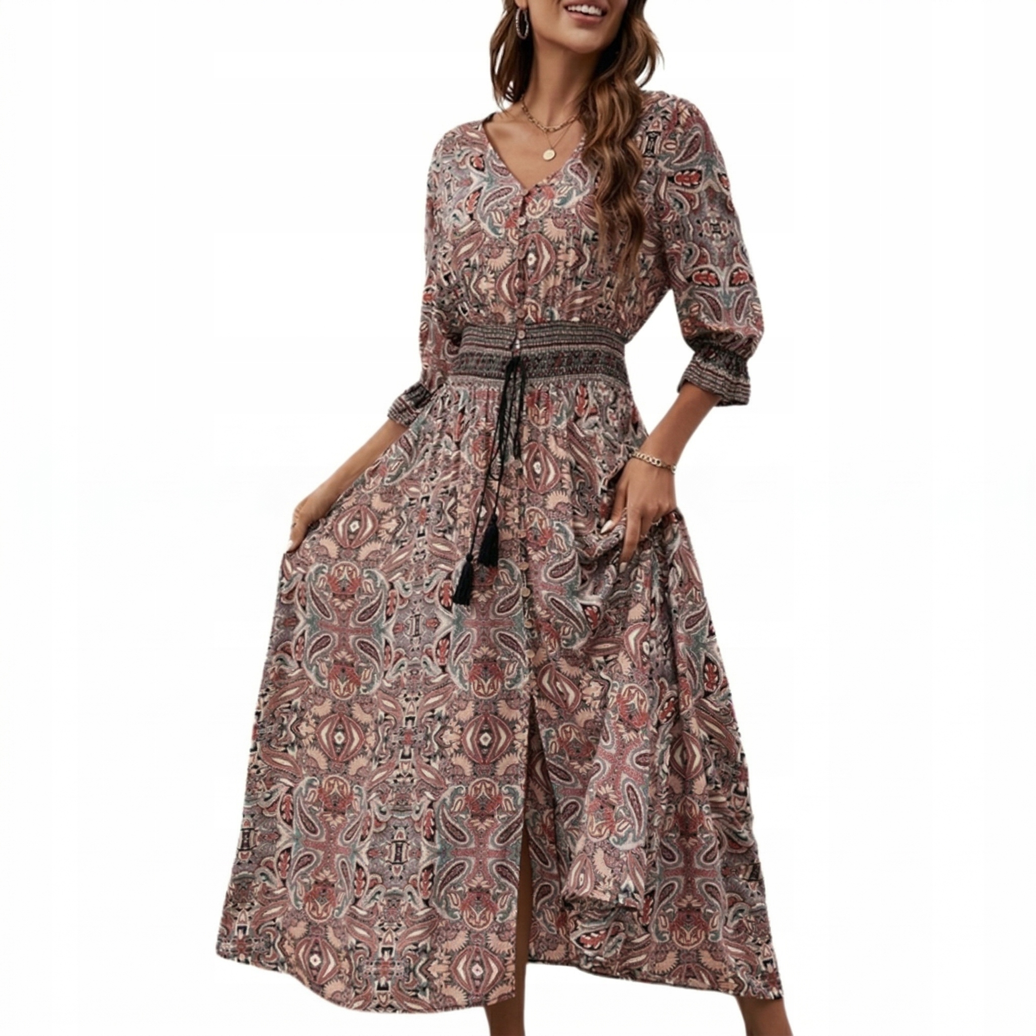 Sukienka damska boho maxi letnia wiosenna rozkloszowana z rozcięciem
