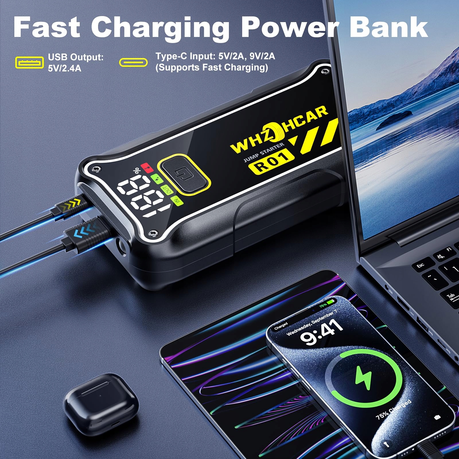 STARTSHILFE Powerbank 7000A 12V 10L Benzyna 8L Diesel LED USB — miniatura 3