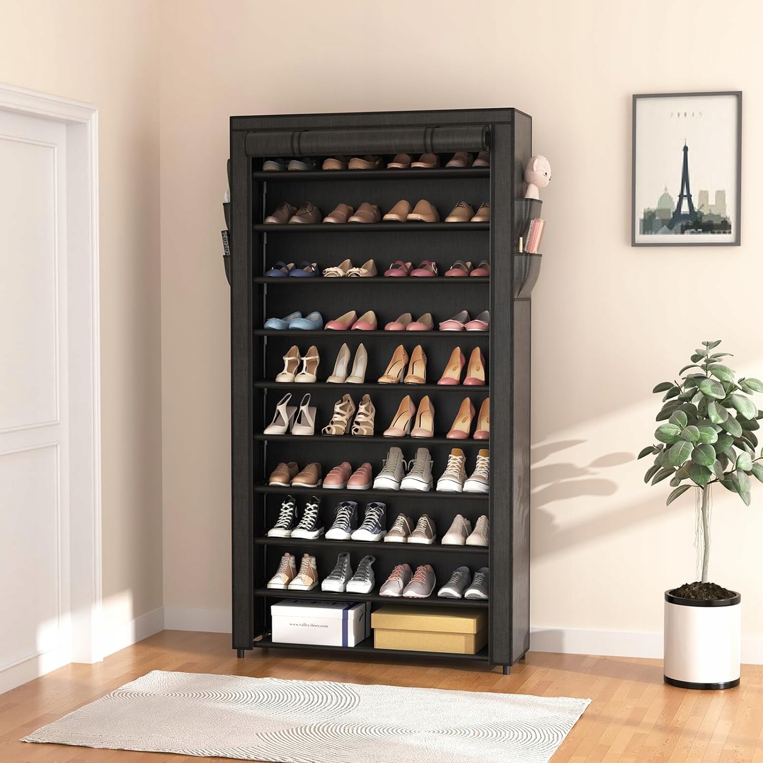 Shoe Rack 11-Tier Tall for 50 Pairs Dustproof Cover Metal – Black