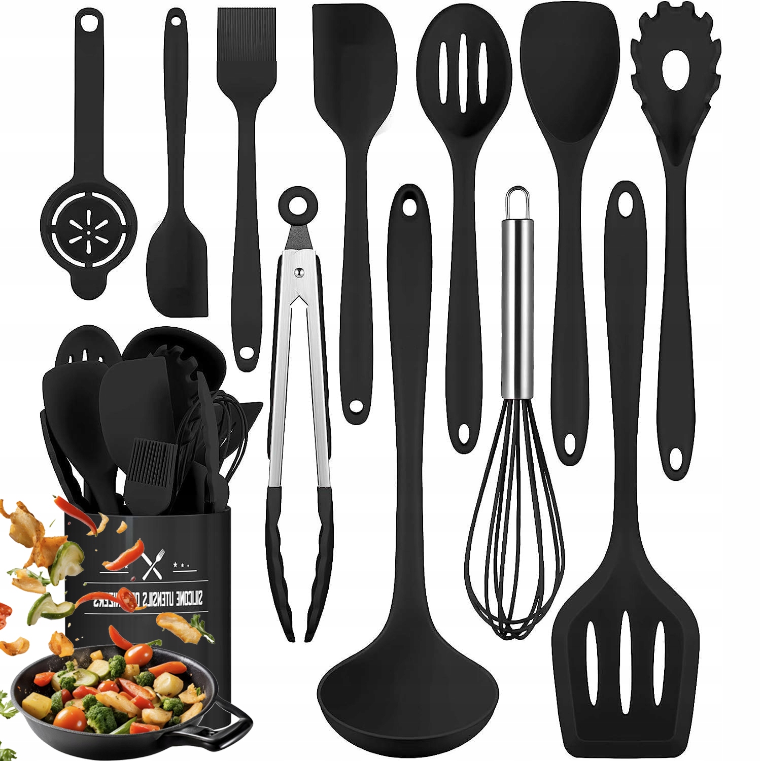 Sada Kuchyňského Náčiní Silikonové Černé 12KS Kuchyňské Náčiní Stojan