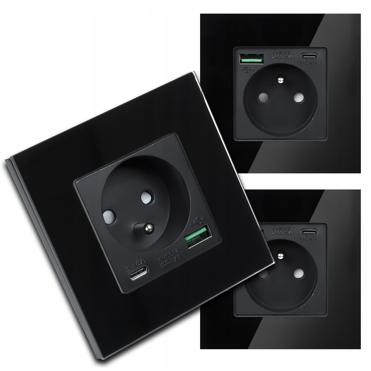 3x Černá Skleněná Elektrická Zásuvka Kontakt Nástěnná Usb Nabíječka