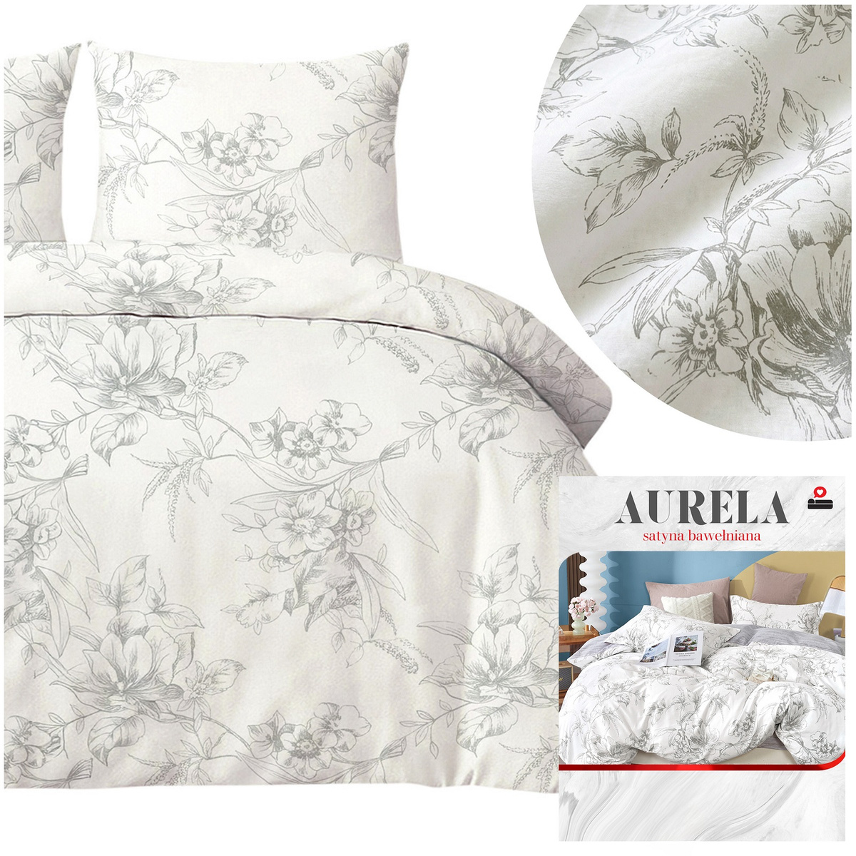 Pościel Satyna Bawełniana 200x220 3 cz poszewki 70x80 Aurela kwiaty liście