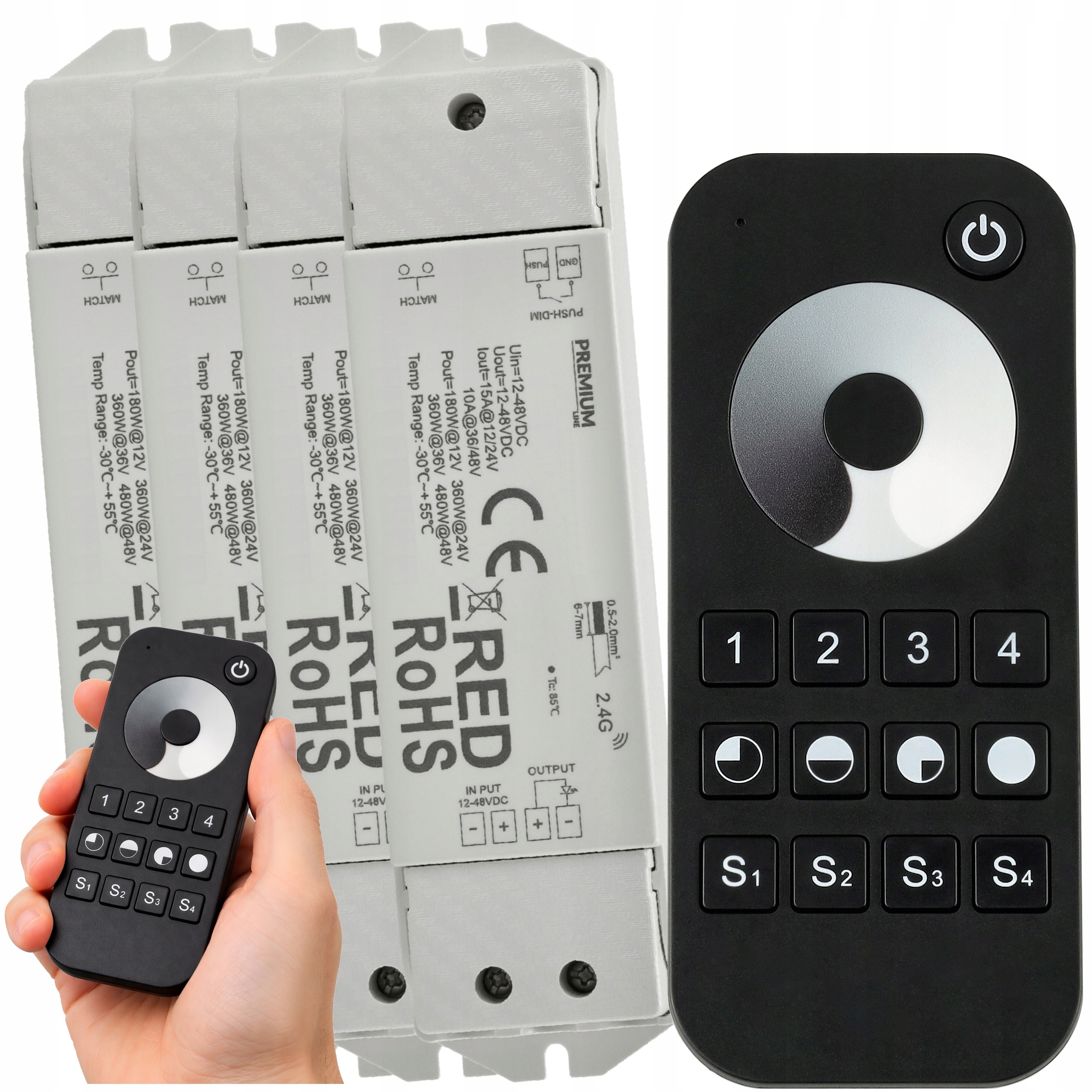 Dálkový Ovladač Rádiový stmívač pro Led pásky Cob 4 zóny 4x Ovladač 15A