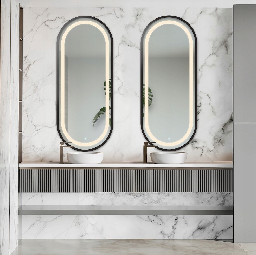 Sada dvou oválných zrcadel Oskar Led III v černém rámu Mdf 53 x 153 cm