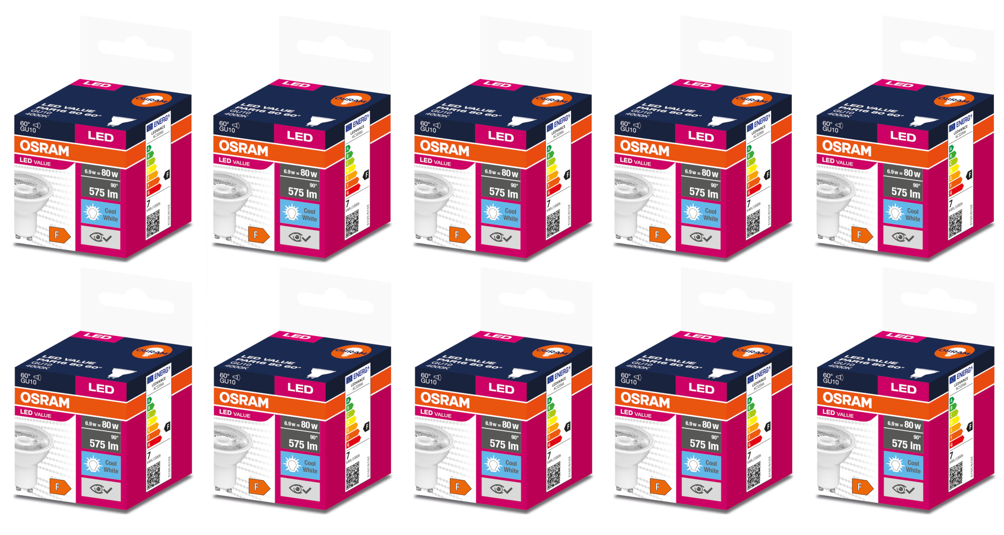 

10x Żarówka Led GU10 6,9W 4000K 575lm 60st Osram