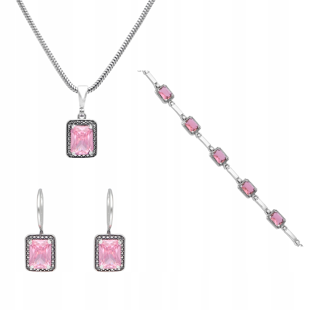 Komplet s obdélníkovými růžovými zirkony stříbro