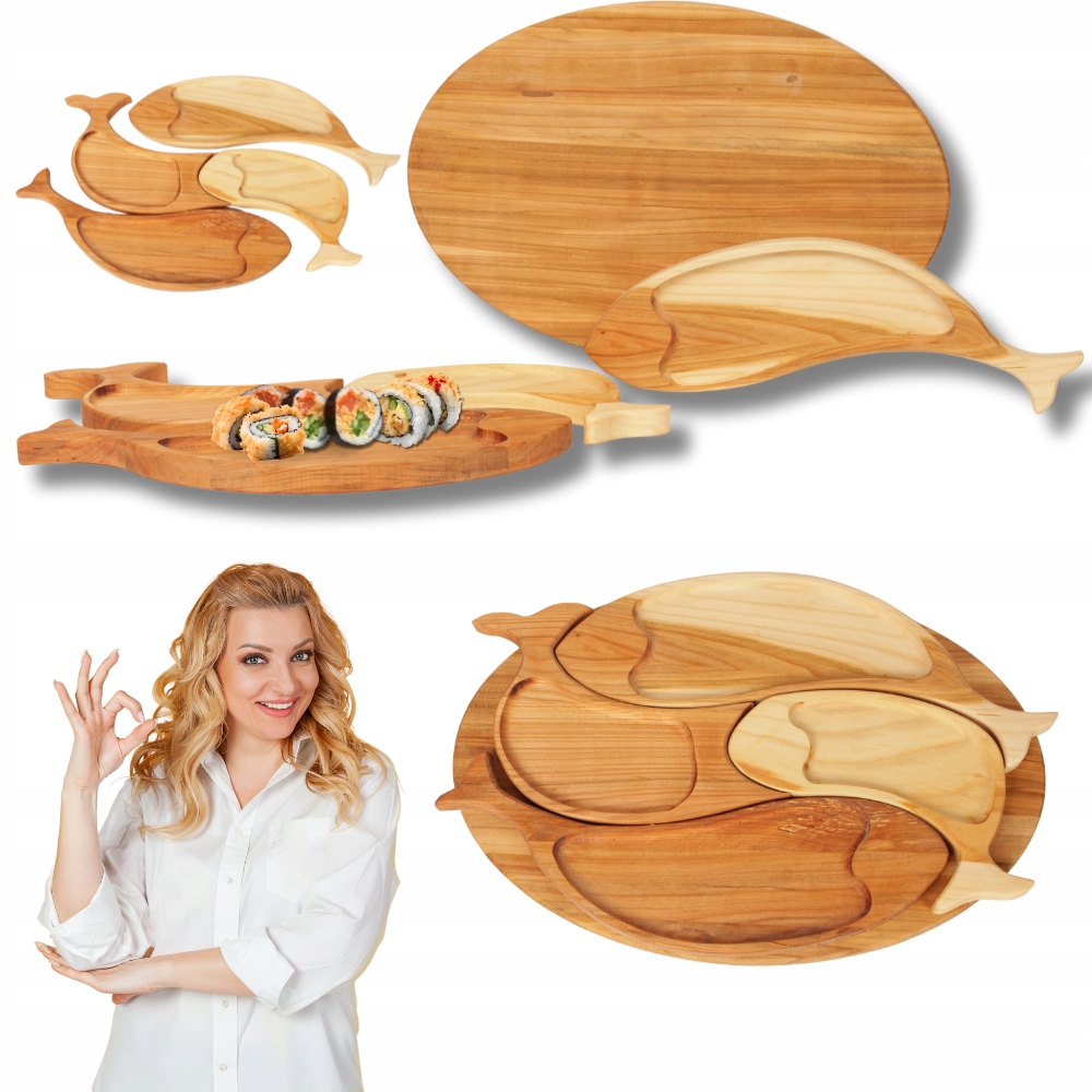 Velká Servírovací Deska Z Třešní, Ryby, Rybičky, 5 Dílků