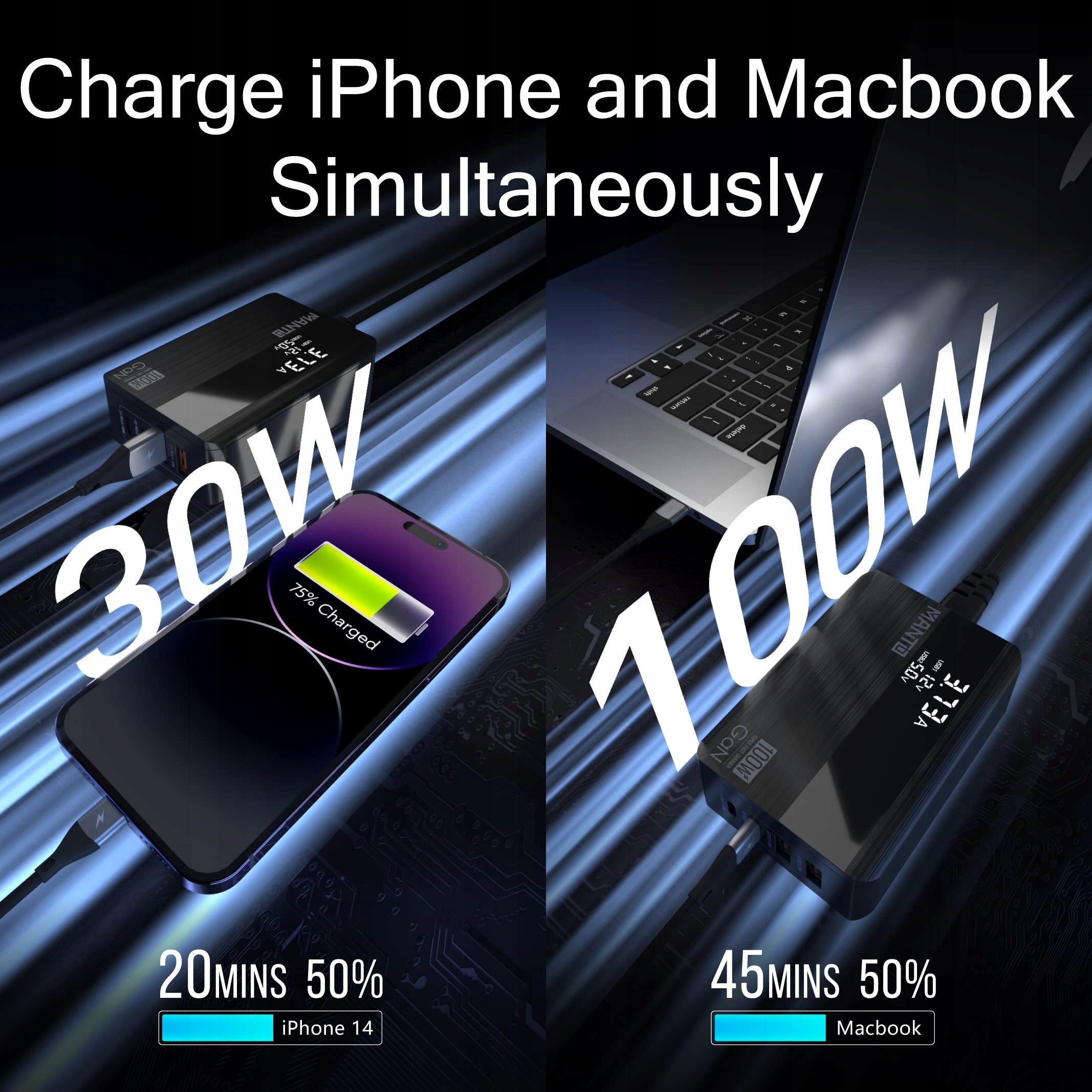 MANTO Ładowarka 100W USB-C LED 4-Port GaN Szybkie Ładowanie MacBook iPhone — miniatura 6