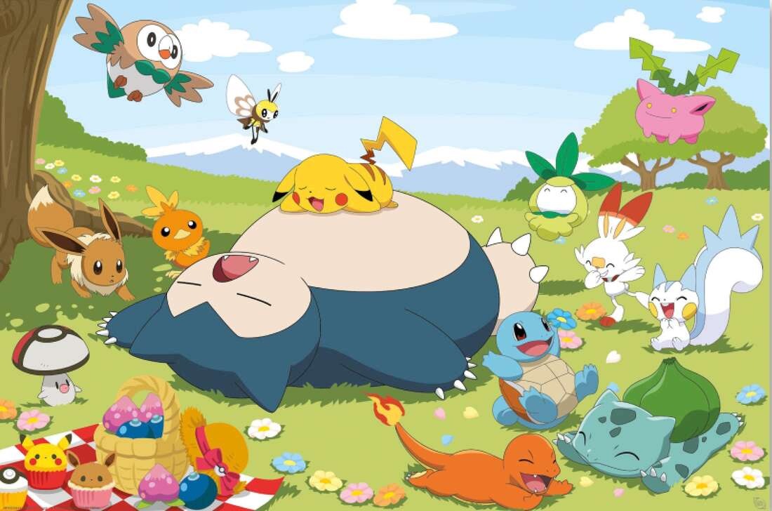 Pokemony Piknik Snorlax Pikachu Eevee Bulbasaur Charmander Squirtle plakat