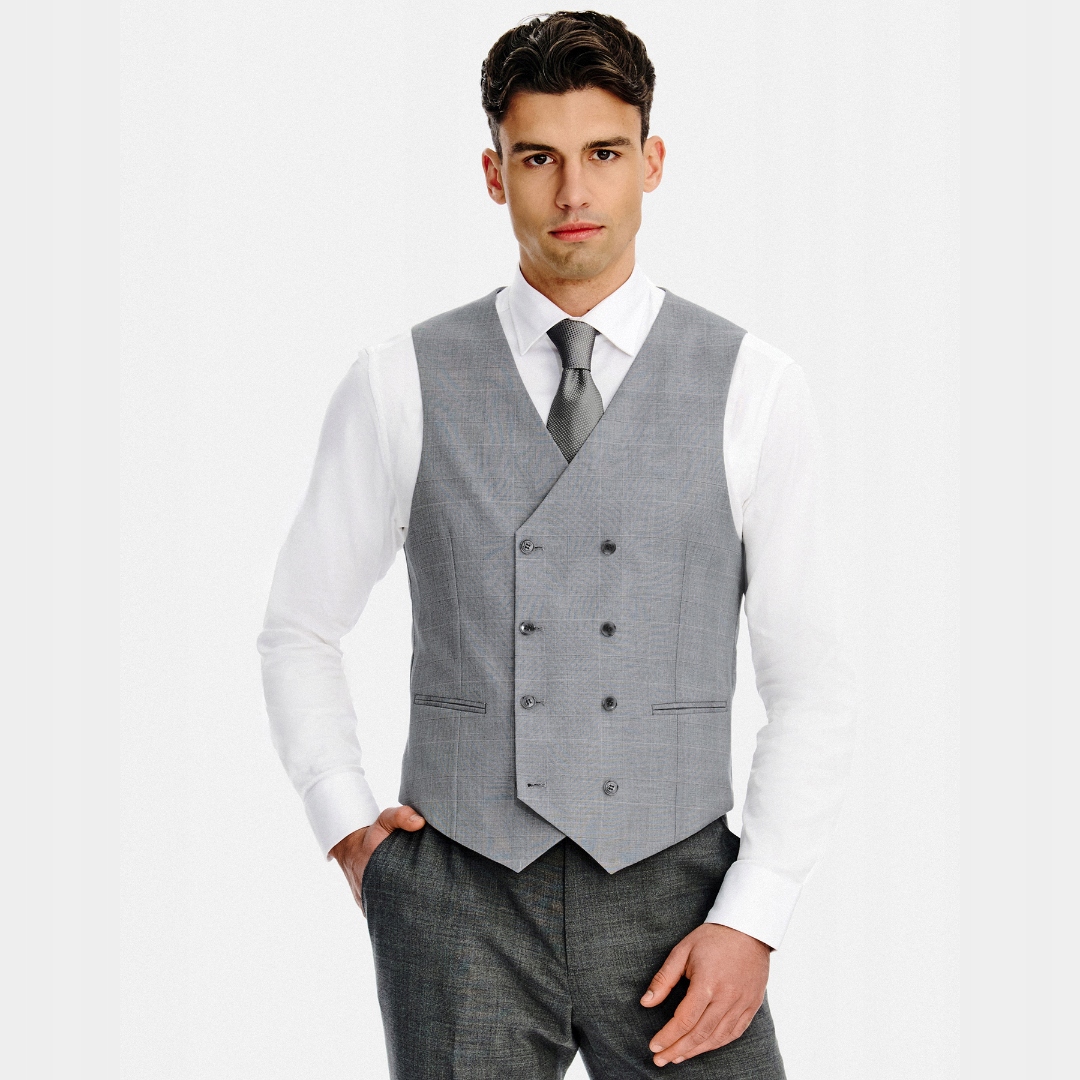 Šedá dvouřadá pánská vesta s kostkovaným vzorem Pako Lorente vel