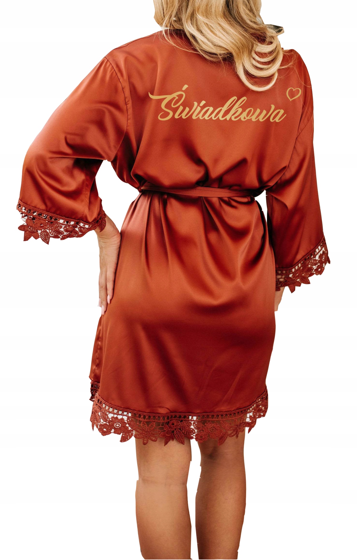 Červený měděný župan s krajkou a elegantním saténovým potiskem