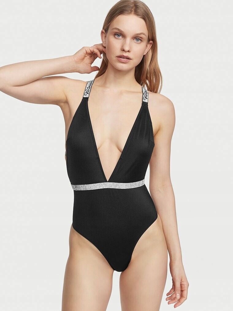 Victoria's Secret jednodílné plavky Shine Strap s kamínky a logem černé L