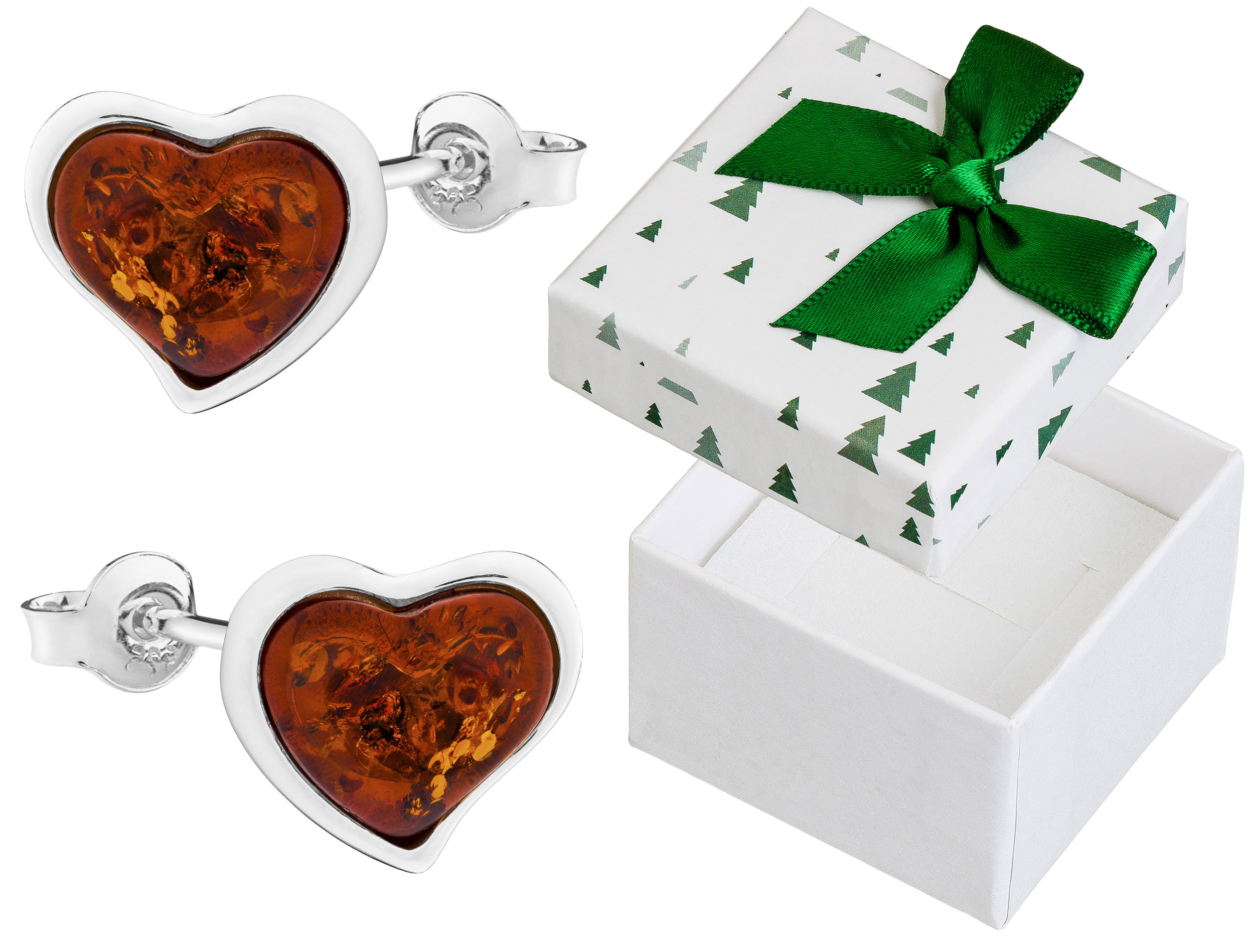 Stříbrné Náušnice Srdcové šroubky s jantarem Srdíčka Dýka Stříbro 925