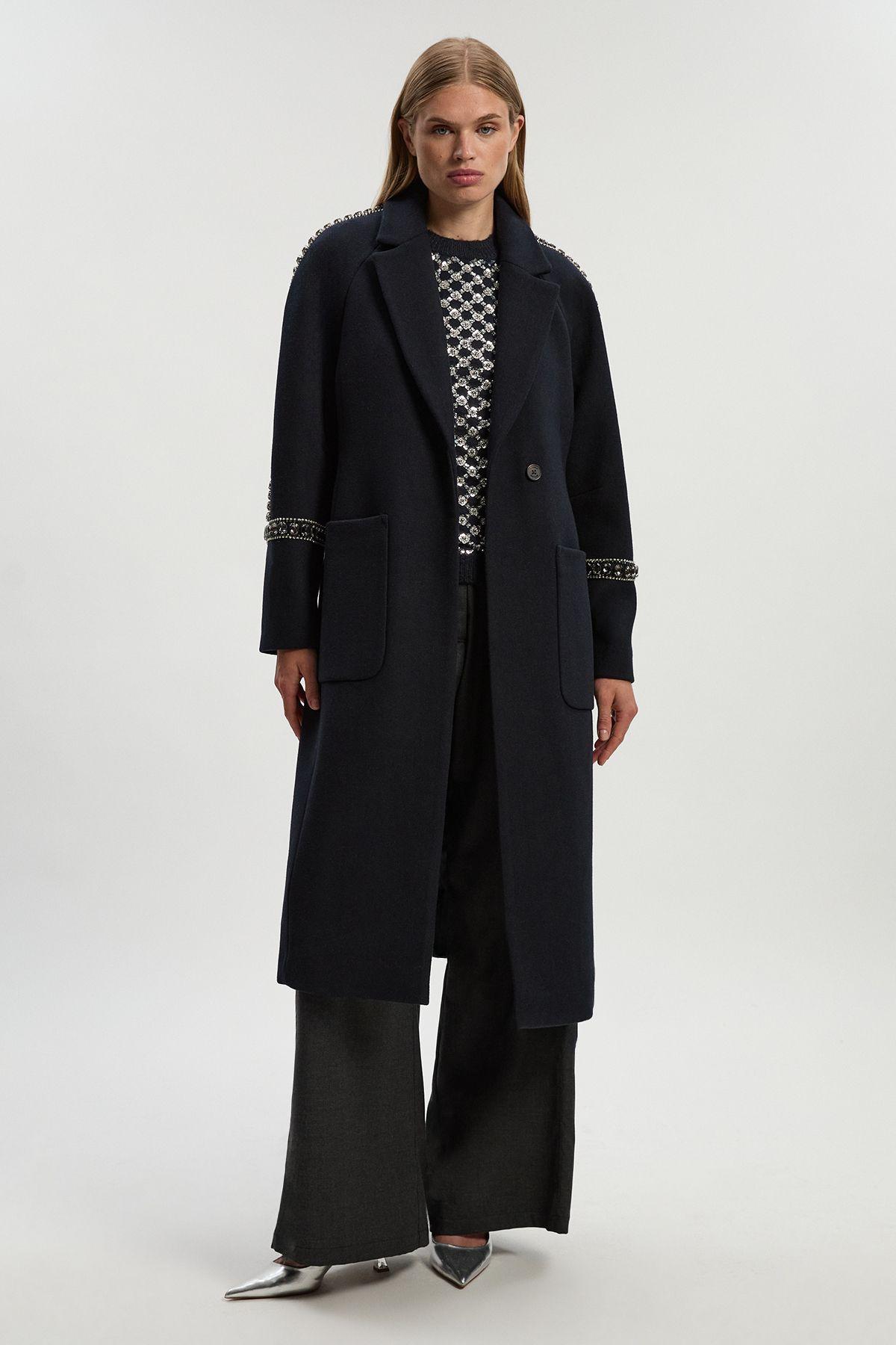 Modrý Vlněný Kabát S Ozdobnými Skleněnými Korálky Karen Millen
