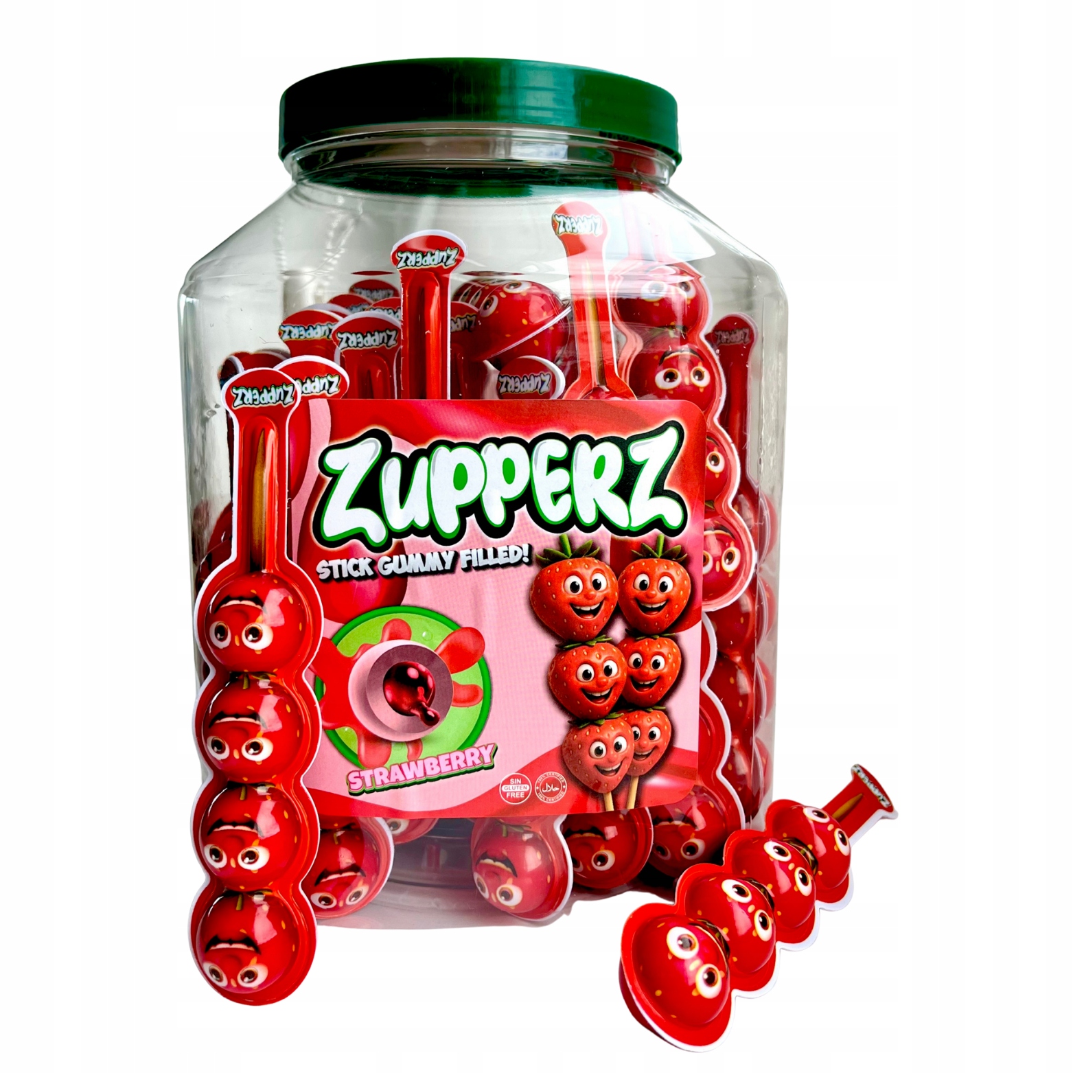 Żelki z płynnym nadzieniem truskawkowe Zupperz stick gummy słoik 1kg