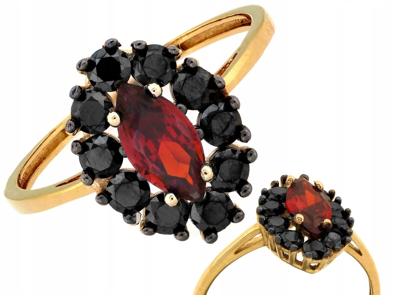 Zlatý prstýnek 585 s černými kameny a granátem r16 14KT markýza