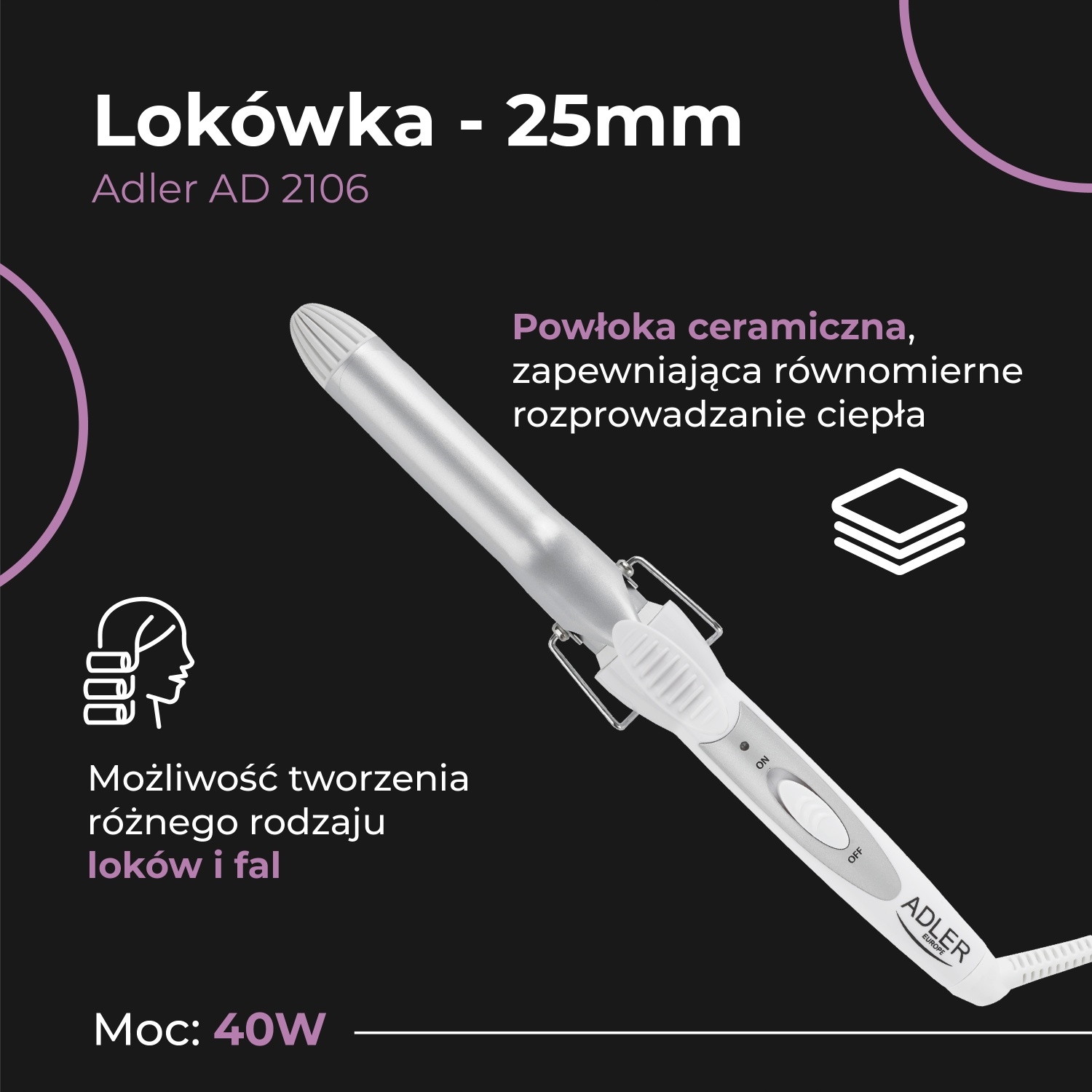 Lokówka Ceramiczna 25mm AD 2106 - Moc 40W, Szybkie Nagrzewanie PTC