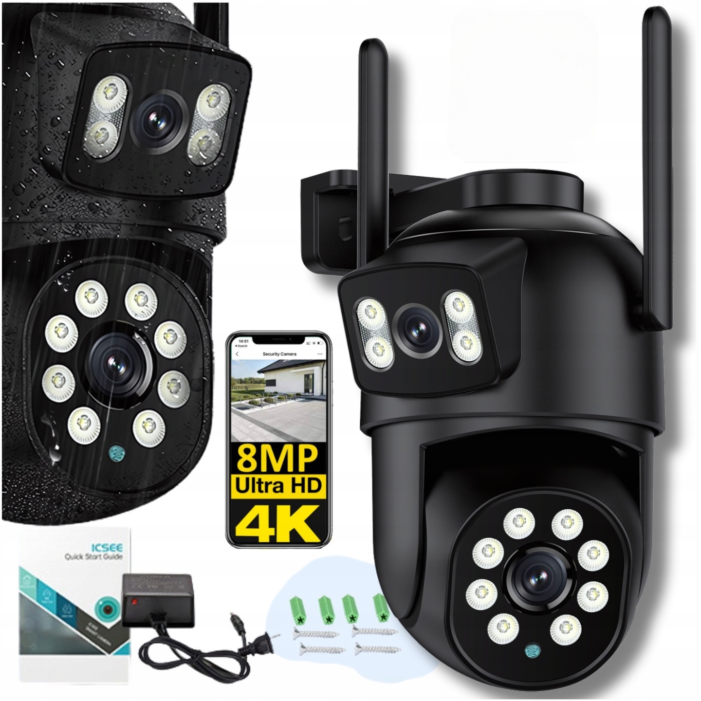 Dvojitá Venkovní Otočná Kamera Ip Wifi 8MP Pro Monitorování Alarm 3v1