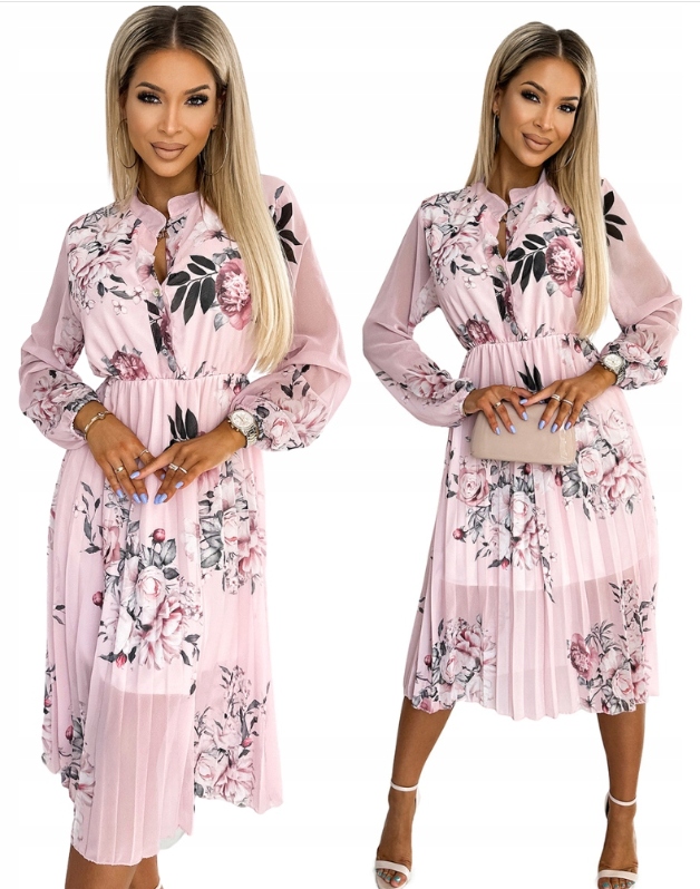 Šaty Dámské MIDI Plisované Květiny Dlouhý Rukáv