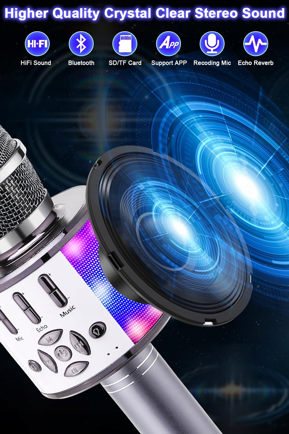 BONAOK Mikrofon Bluetooth Bezprzewodowy Dla Dzieci LED Karaoke Party Dom — miniatura 4