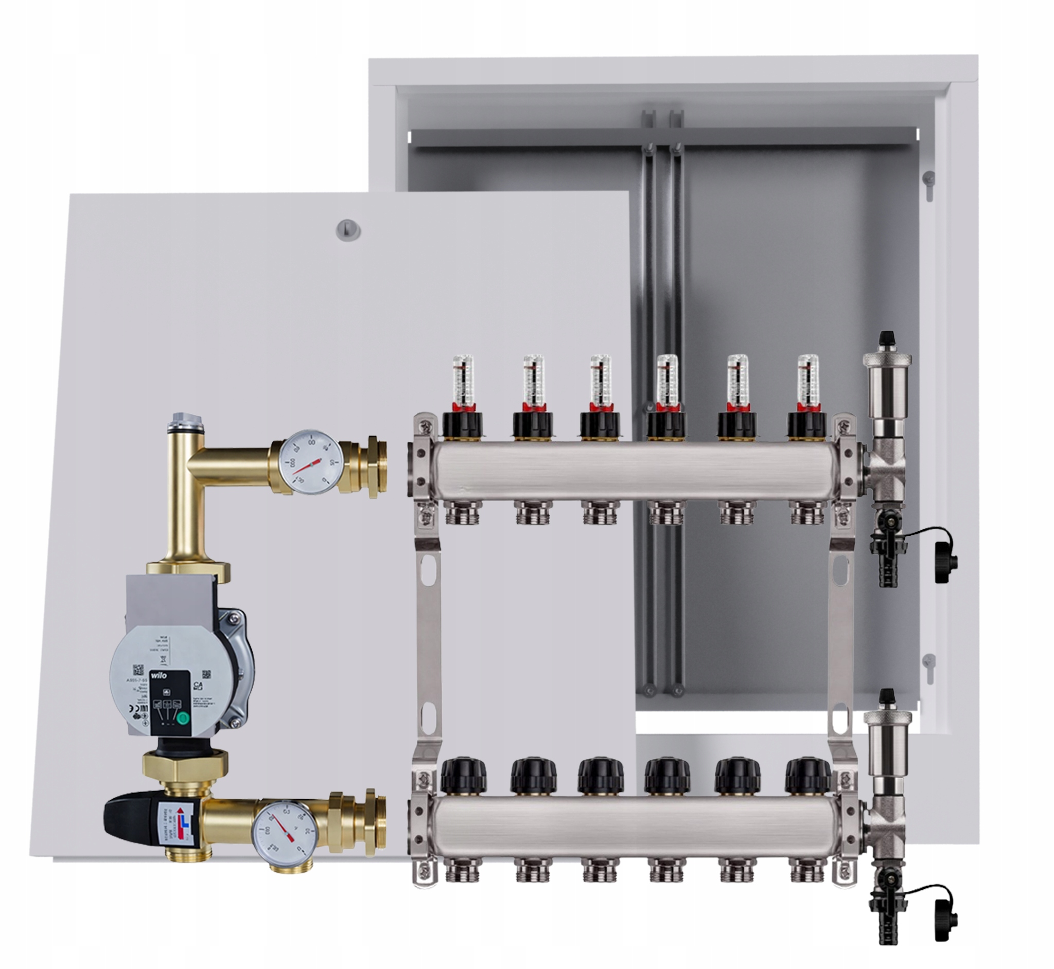 Nerezový rozdělovač pro podlahovku 6 s nástěnným boxem Pumpa Wilo