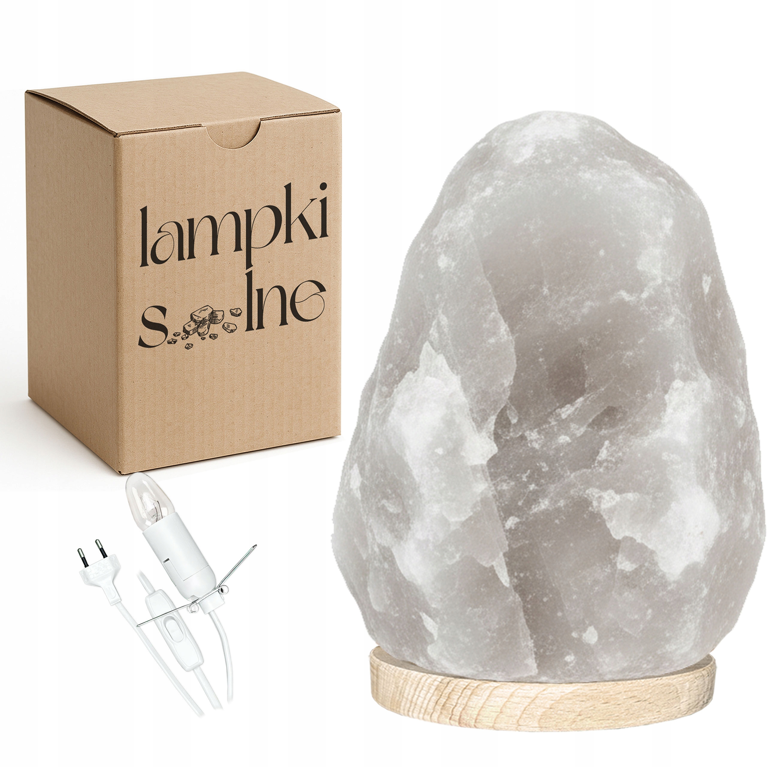 Solná lampa bílá Kłodawska z Polska 5-7 Kg Jonizator buková podstava