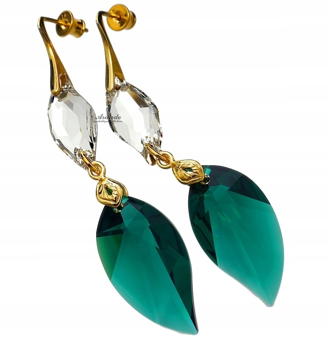 Křišťálové Náušnice Emerald Leaf Zlaté Stříbro