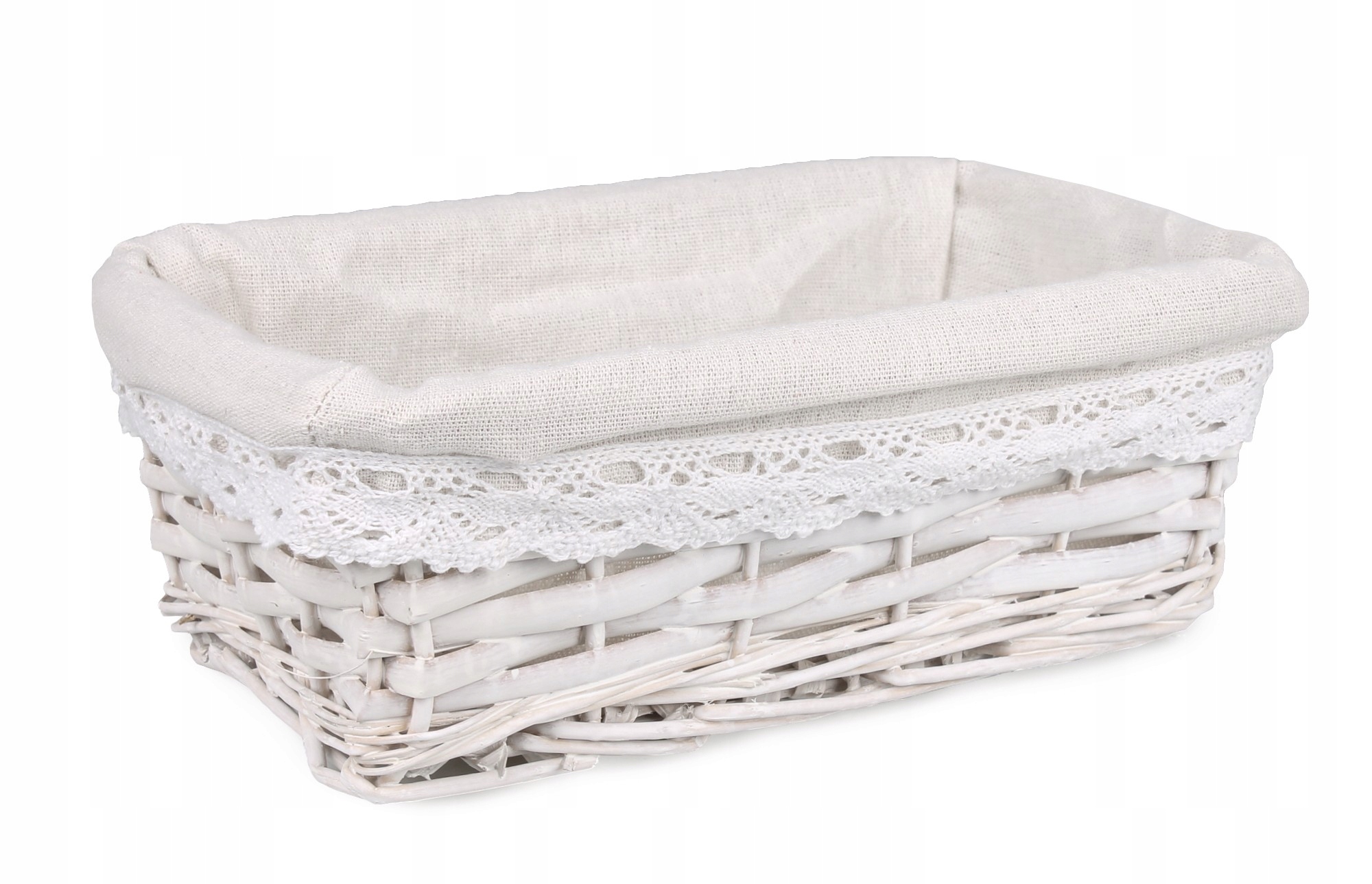 BIAŁY KOSZYK WIKLINOWY Z MATERIAŁEM 26x16x9 cm