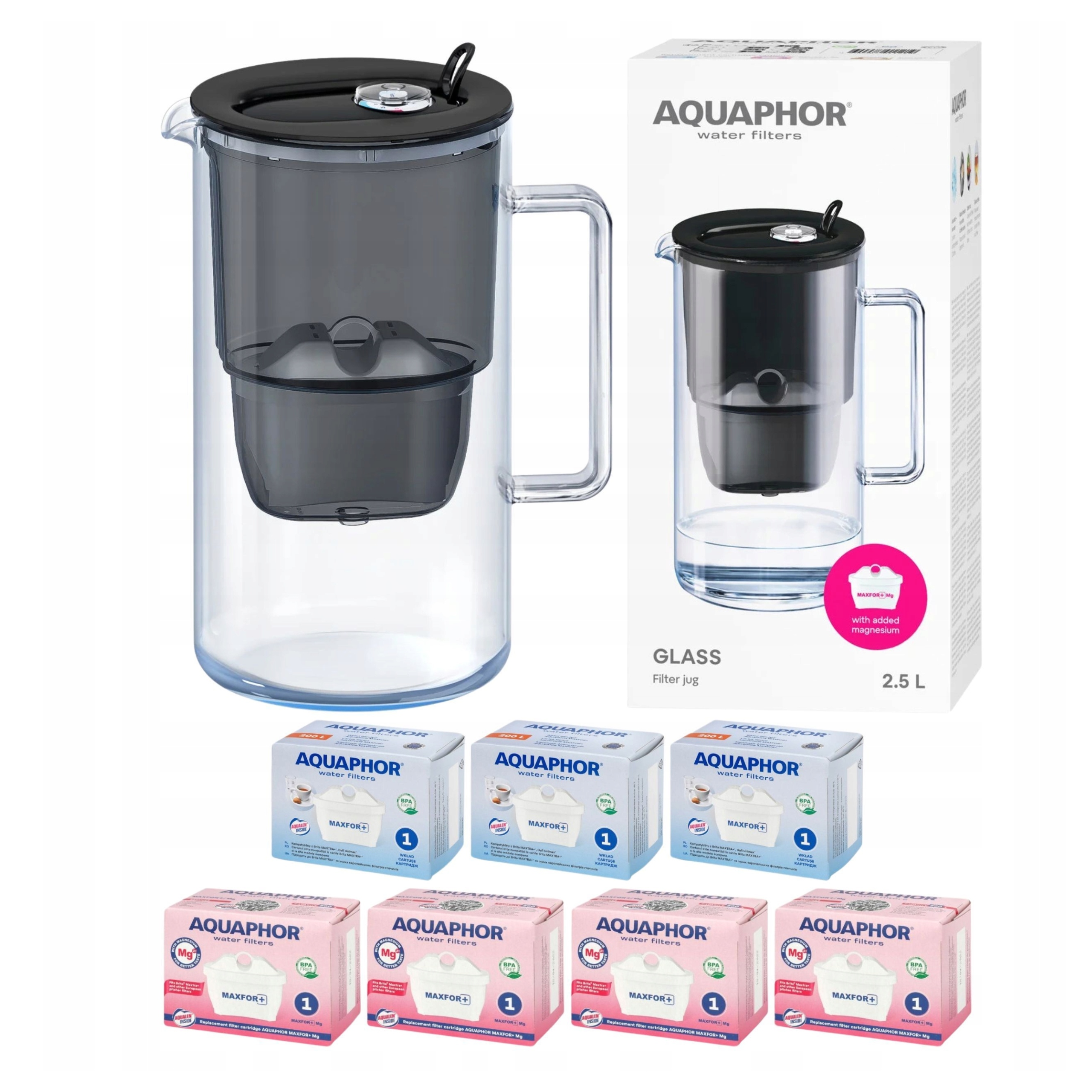 Džbán Aquaphor Glass černý 2,5L skleněný na vodu 7 filtrů Maxfor (4Mg+3)