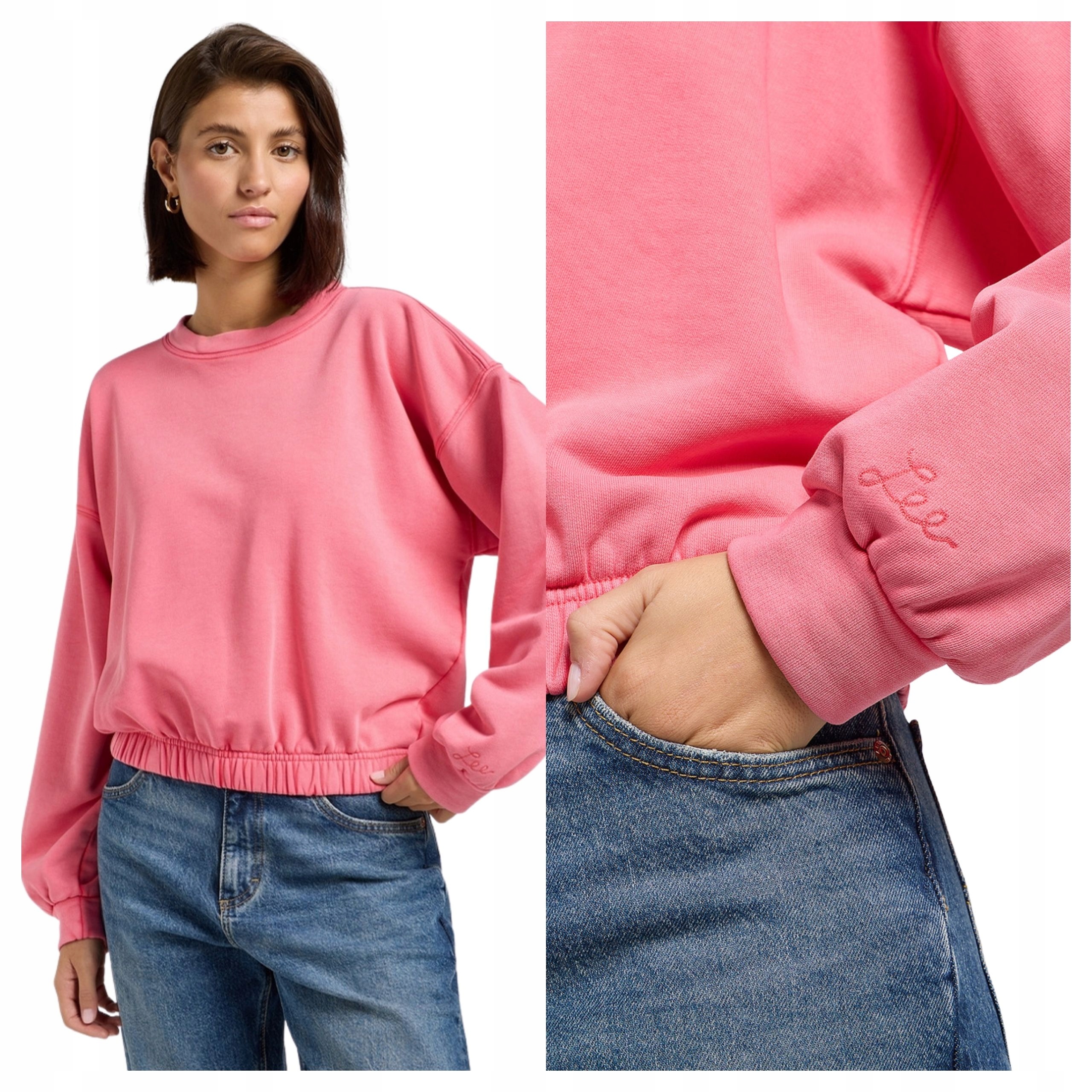 Mikina Lee Sleeve Detail Sweatshirt Růžová Bavlněná L