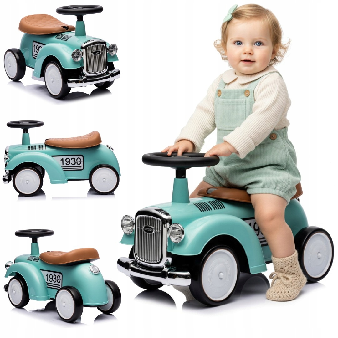 Jeździk na roczek dla dzieci chodzik pchacz Retro wyścigowy miętowy