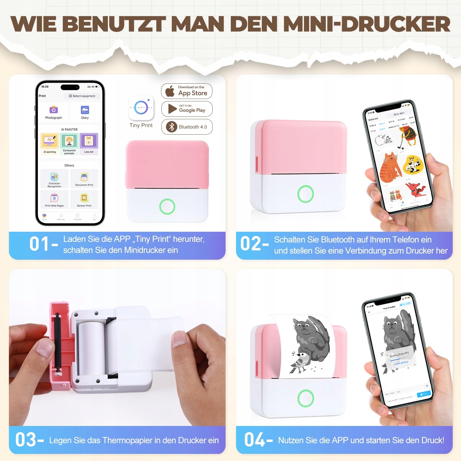 PRAOAHEI Mini Drukarka Termiczna Bluetooth Do Zdjęć i Notatek Różowa — miniatura 4